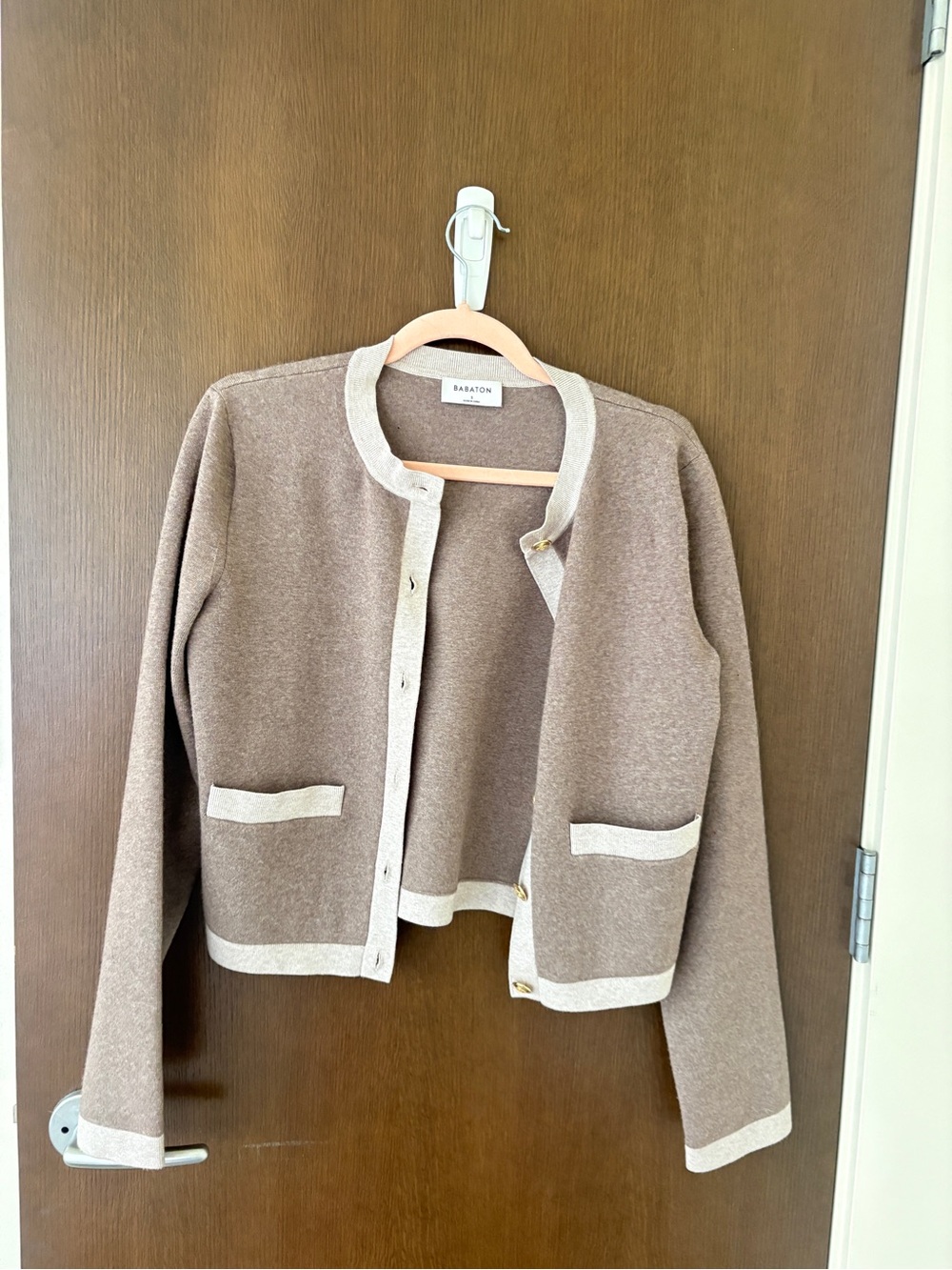 Babaton Taupe Cardigan with Cream Trim